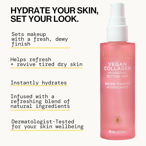 Pacifica Beauty Vegan Collagen Hydrating Setting Mist – Hydrating Illuminating Face Primer for Dewy Skin, w/Vegan Collagen & Squalane for Radiant Glow, Soft-Focus Pore Blurring Makeup Base