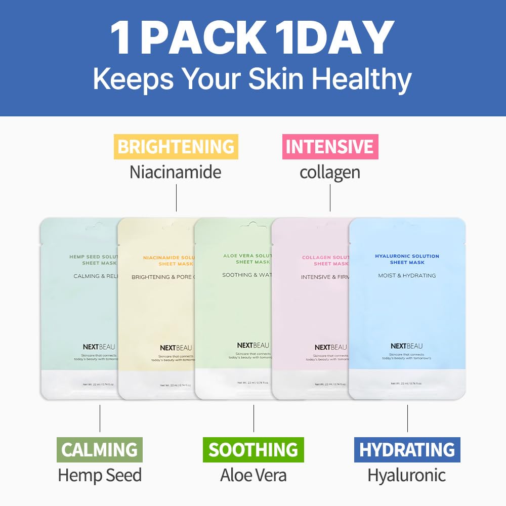 NEXTBEAU Solution Sheet Korean Collagen Face Mask for Skincare 5 Types x 2 Sets Moisturizing and Firming