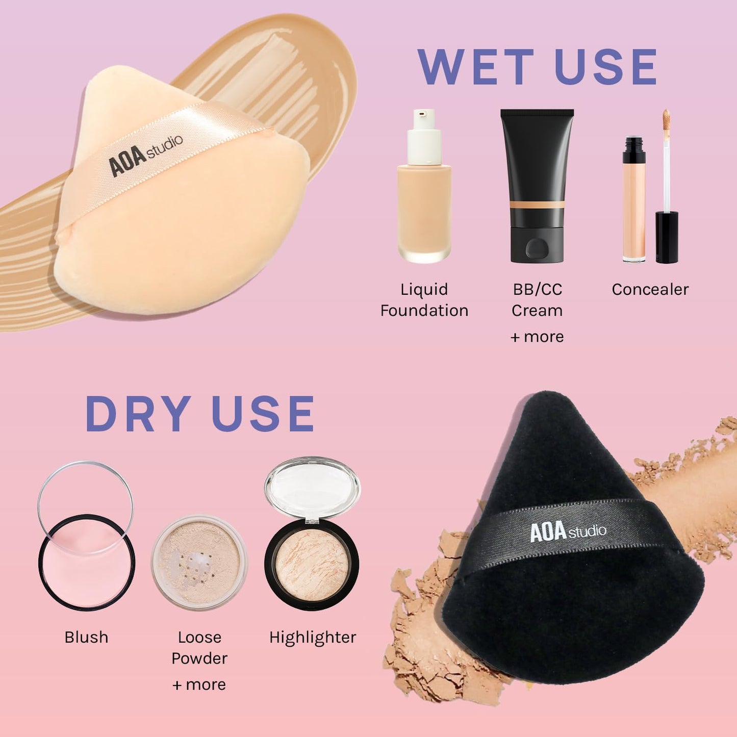 AOA Studio Velvet Puffs Makeup Puff Set of 6 Loose Powder Body Powder, Velour Makeup Blender Sponge Foundation Blending Sponges Set Beauty Makeup Tools(Black/Peach)