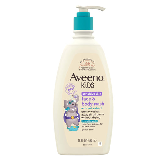 Aveeno Kids Face & Body Wash for Sensitive Skin, Oat Extract, Tear-Free, Non-Drying, Light Scent, Pump Dispenser, Hypoallergenic, Phthalate, Sulfate & Dye Free, 18 fl oz