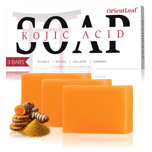 ORIENTLEAF Kojic Acid Soap, Turmeric Soap Bar for Dark Spots, Fresh Citurs Scent, Gentle for Face and Body Wash with Vitamin C, Shea Butter, Retinol, Olive Oil, Collagen (3 PACK)