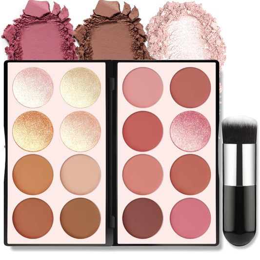HOSAILY 16 Colors Blush Contour Highlighter Makeup Palette, All-in-One Shimmer Silky Matte Mineral Blush Powder Palette, Face Sculpting Bronzer Blusher Illuminator for a Natural Glowing