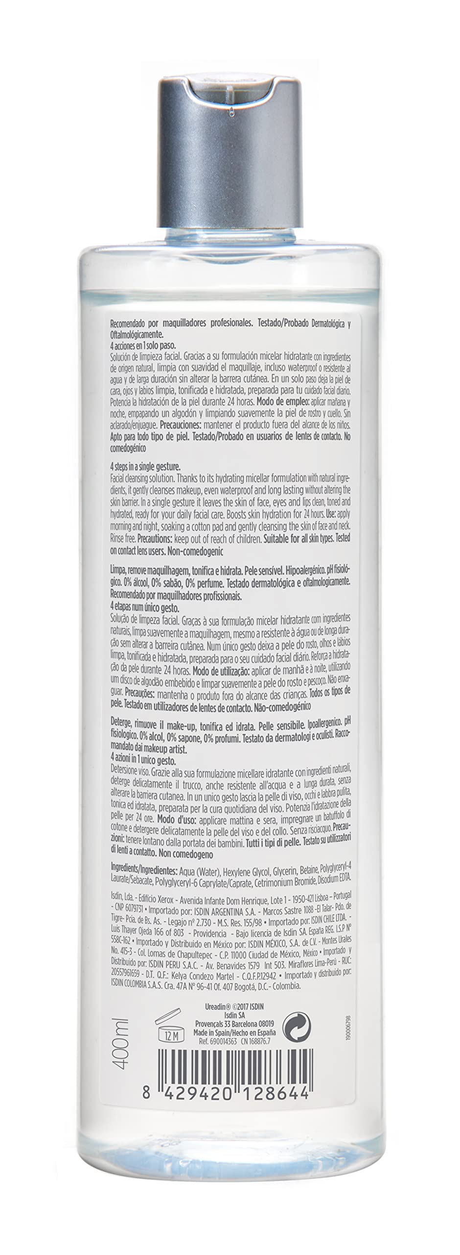 ISDIN Micellar 4-in-1 Facial Cleansing Water Solution - Hydrating and Cleansing Toner and Makeup Remover for Sensitive Skin, 13.5 FL OZ