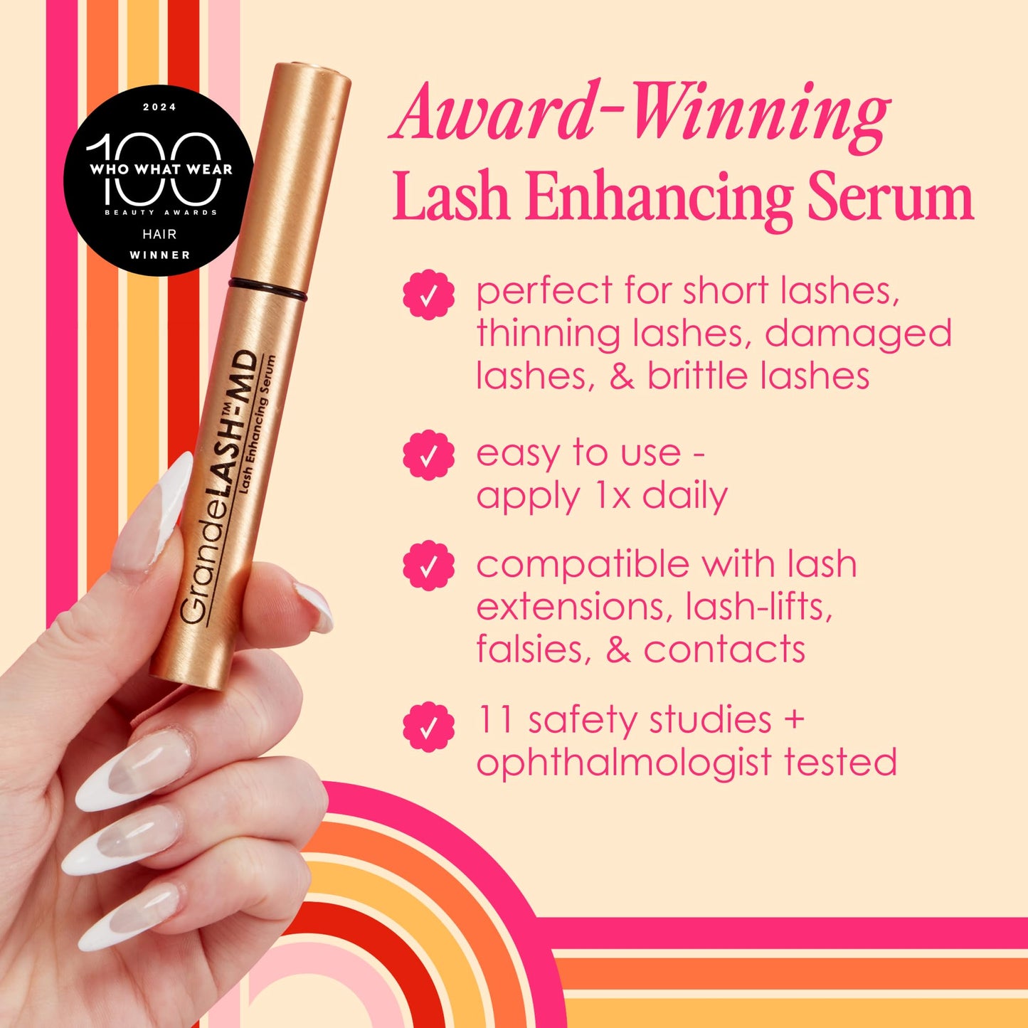 Grande Cosmetics GrandeLASH-MD Lash Enhancing Serum - Peptide & Vitamin Infused Formula for Longer, Thicker, Fuller Looking Lashes - Ophthalmologist Tested, Cruelty-Free, 6 Week Supply (1mL)