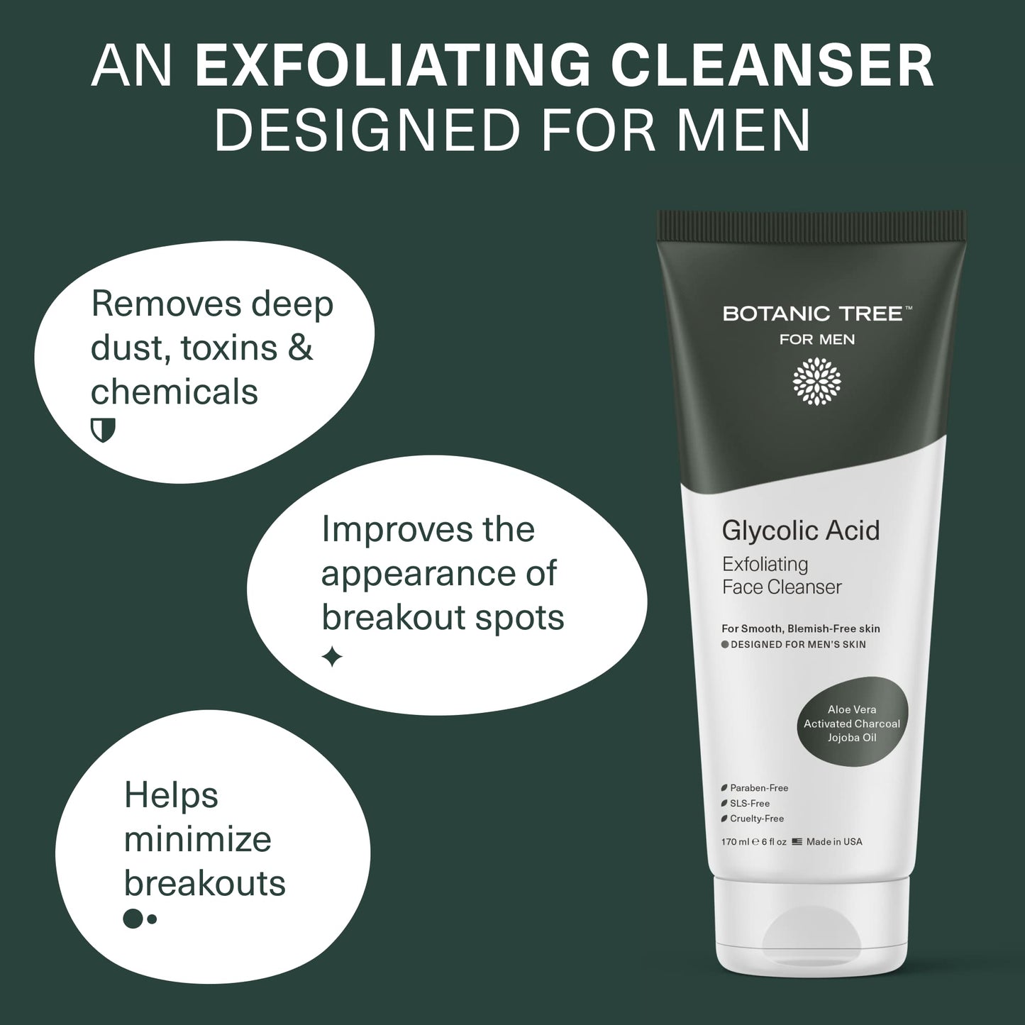 Botanic Tree Glycolic Acid Face Wash for Men - Facial Cleanser, Scrub - 10% Glycolic Acid with Activated Charcoal - 6 fl oz