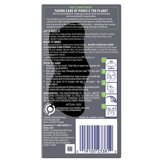 Biore Charcoal Deep Cleansing Pore Strips, Nose Strips for Blackhead Removal on Oily Skin, Features C-Bond Technology with Instant Pore Unclogging, 18 Count