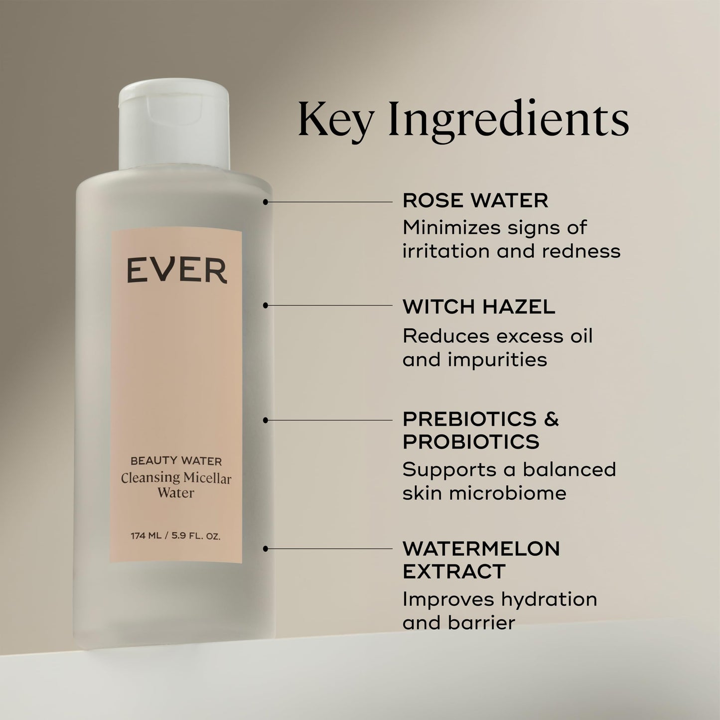 EVER Beauty Water Micellar Cleaning Water & Eye Makeup Remover – Rose Water, Lactic Acid & Pro/Prebiotics Cleanser for Sensitive Skin, Removes Waterproof Makeup, Tones & Hydrates - 5.9 fl oz