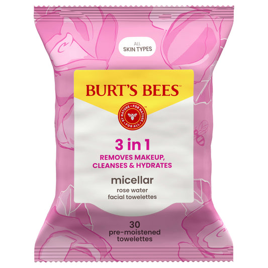 Burt’s Bees Micellar Rose Water Facial Towelettes, 100% Plant Based Cloth; 99% Natural Origin; Remove Makeup, Cleanse, Hydrate; No Greasy, Oily Residue; All Skin Types (Pack May Vary)