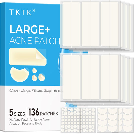 TKTK Large Pimple Patches for Face, 68 x 27 mm XL Hydrocolloid Bandages, Big Acne Patches for Body, Forehead, Chin, Nose, Chest and Back Blemish Zit Breakouts (Strip, Contoured, Dot 5 Sizes 136 Count)