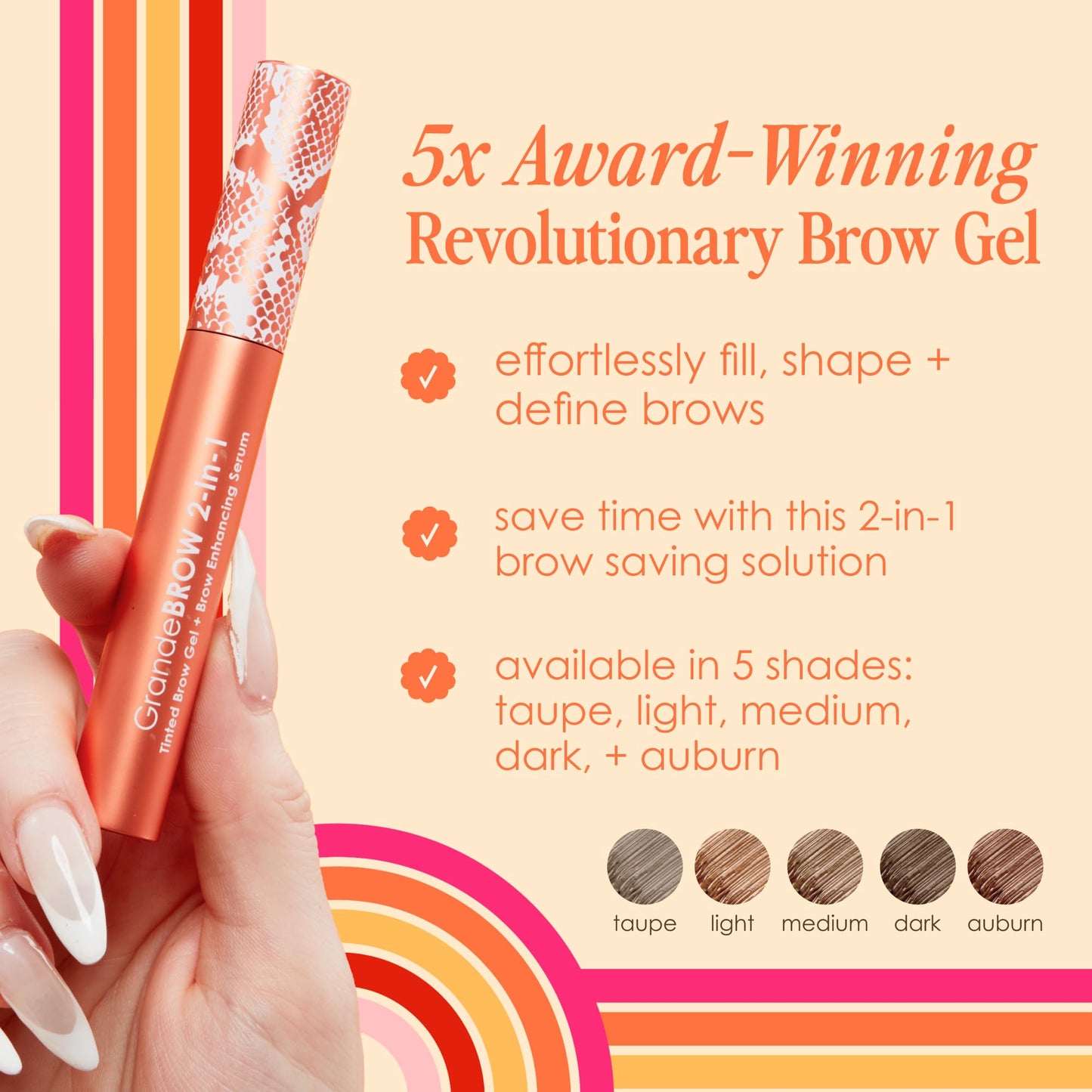 Grande Cosmetics GrandeBROW 2-in-1 Tinted Brow Gel + Brow Enhancing Serum for Thicker & Darker-Looking Eyebrows, Shape & Fill Brows, with Castor Oil & Mini Fibers - Light, Travel Size (0.07 fl oz)