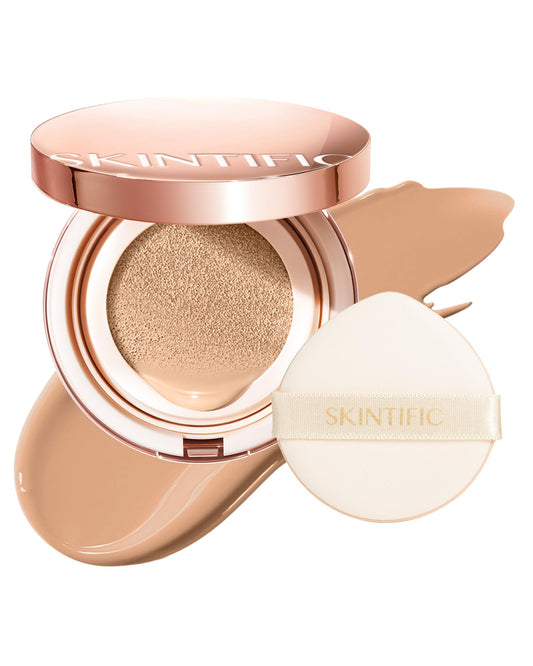 SKINTIFIC Cushion Foundation | Full coverage, Weightless, Skin fit, Satin Glow Finish, Oil-Control Waterproof Foundation, Sweatproof Flawless BB Cream CC Korean Makeup