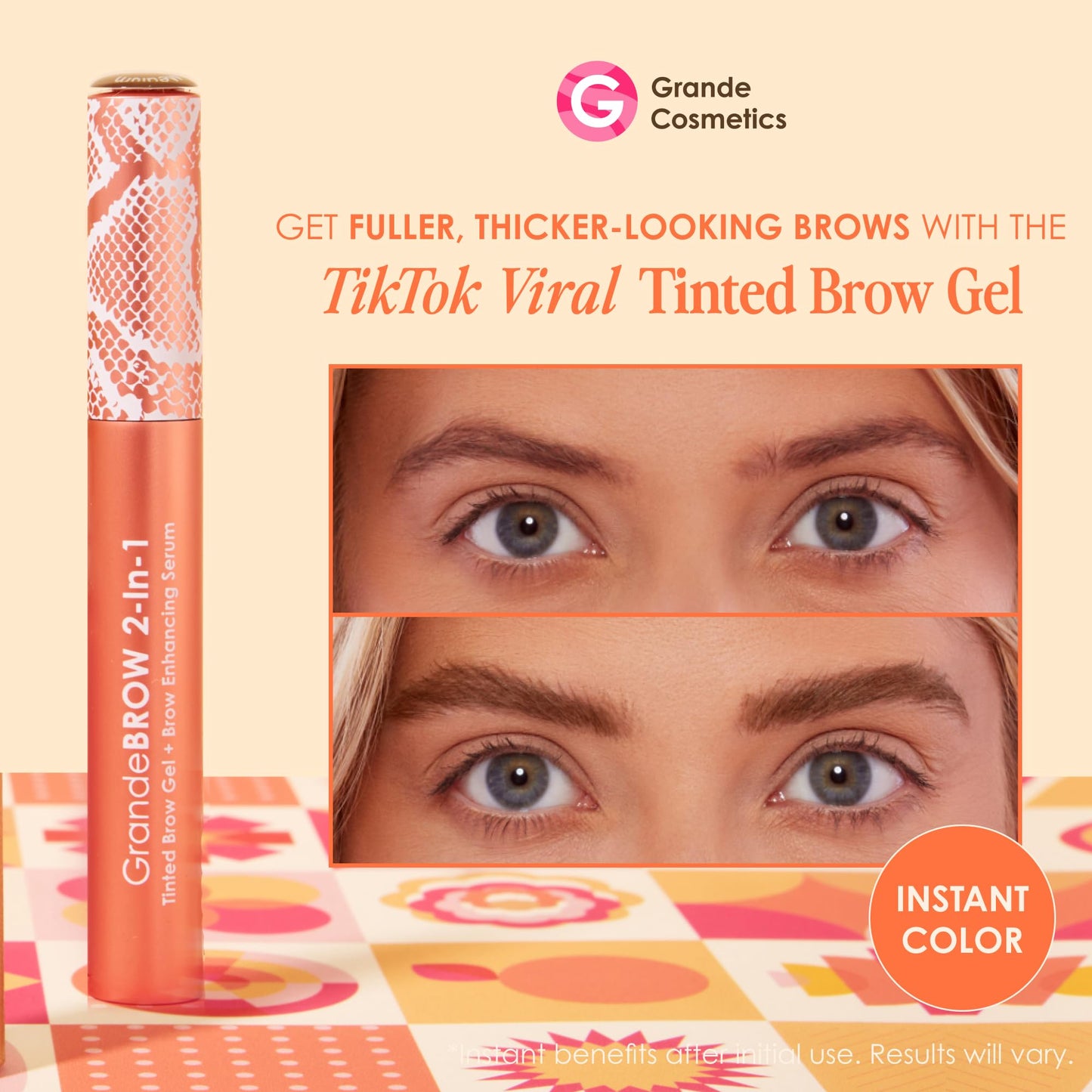 Grande Cosmetics GrandeBROW 2-in-1 Tinted Brow Gel + Brow Enhancing Serum for Thicker & Darker-Looking Eyebrows, Shape & Fill Brows, with Castor Oil & Mini Fibers - Light, Travel Size (0.07 fl oz)