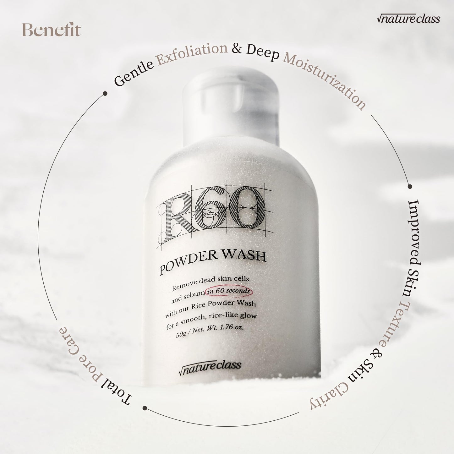 NATURECLASS R60 Rice Enzyme Powder Face Wash Cleanser – Exfoliating, Deep Cleansing, Removes Pore Impurities for Soft Radiant Skin, Korean Skincare1.76oz