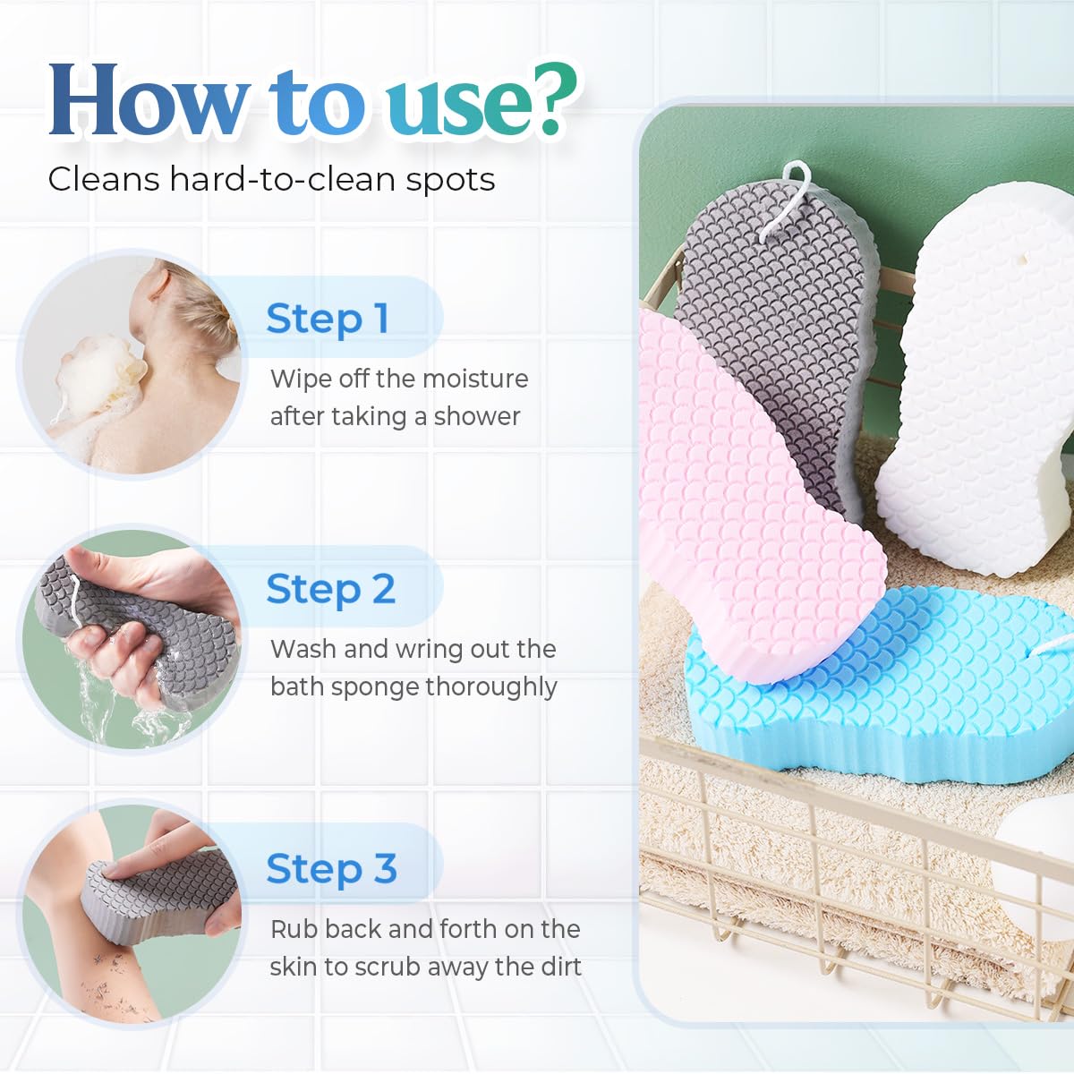 Magic Exfoliating Bath Sponge, 3D Super Soft Exfoliating Body Bath Sponge for Adults and Children, Women and Men, Skin Friendly and Reusable Bath Cleaning Brush for Home, Travel, Cruise (Blue+Pink)