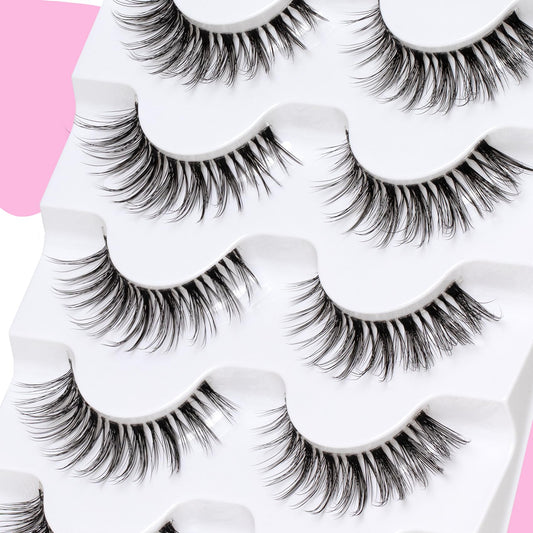 Veleasha Lashes Wispy False Eyelashes 100% Handmade Eyelashes Natural Look Fake Lashes Lightweight Lashes with Soft Clear Band 5 Pairs Pack (G2)