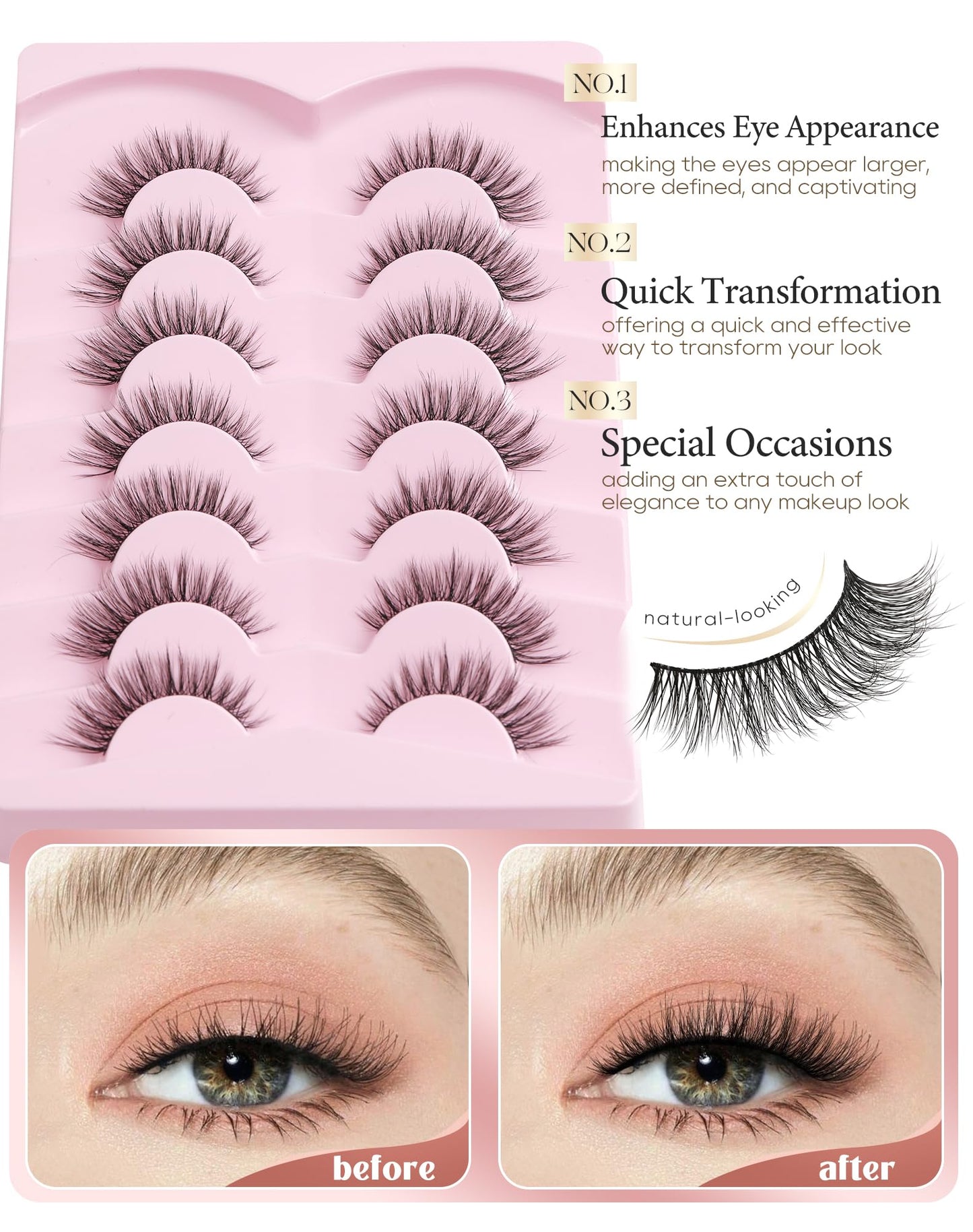 Onlyall Natural Lashes Wispy Lashes Natural Look False Eyelashes Natural Flared Eyelashes False Eye Lashes Soft Fluffy Lashes 7 Pairs D-K06, Black