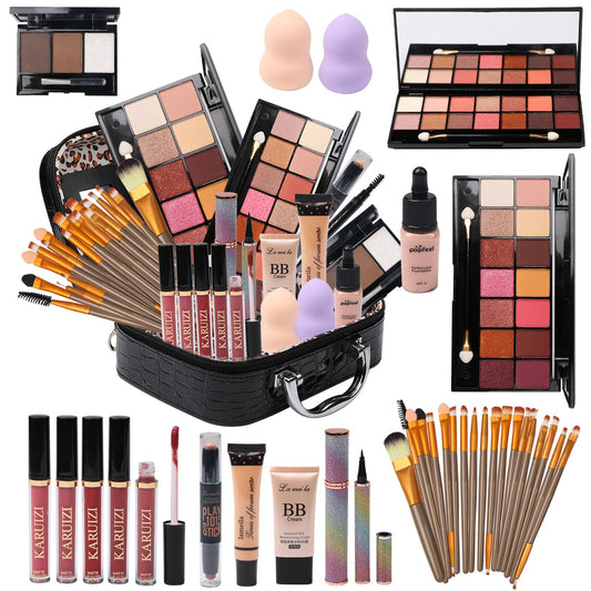 MTDXILTAI All in One Makeup Kit - 2X14 Eyeshadow Palette, Liquid Foundation, Eyeliner Pencils, Contouring Stick, Lip Gloss, 20Pcs Makeup Brushes (Black)