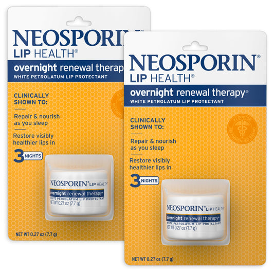 Neosporin Lip Health Overnight Renewal Therapy White Petrolatum Lip Protectant/Moisturizer to Nourish & Repair Dry Lips, Helps Relieve, Prevent & Protect Chapped Lips, 0.27 oz, 2 Pack
