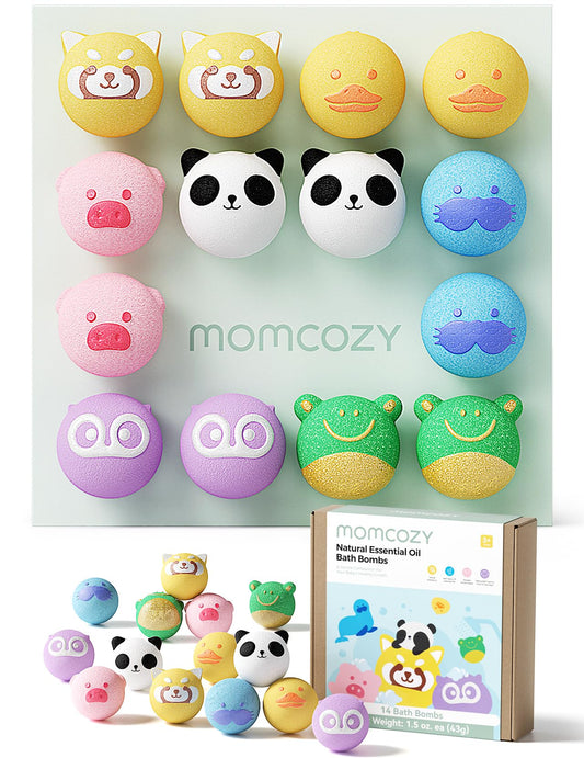 Momcozy Essential Oil Bath Bombs,14 Pcs Bubble Bath Fizzy Balls with 7 Cute Animal Shapes,Bath Bombs Gift Set for Kids Girls Boys Toddler, Ideal Gift for Children's Day, Bath Bomb Kit