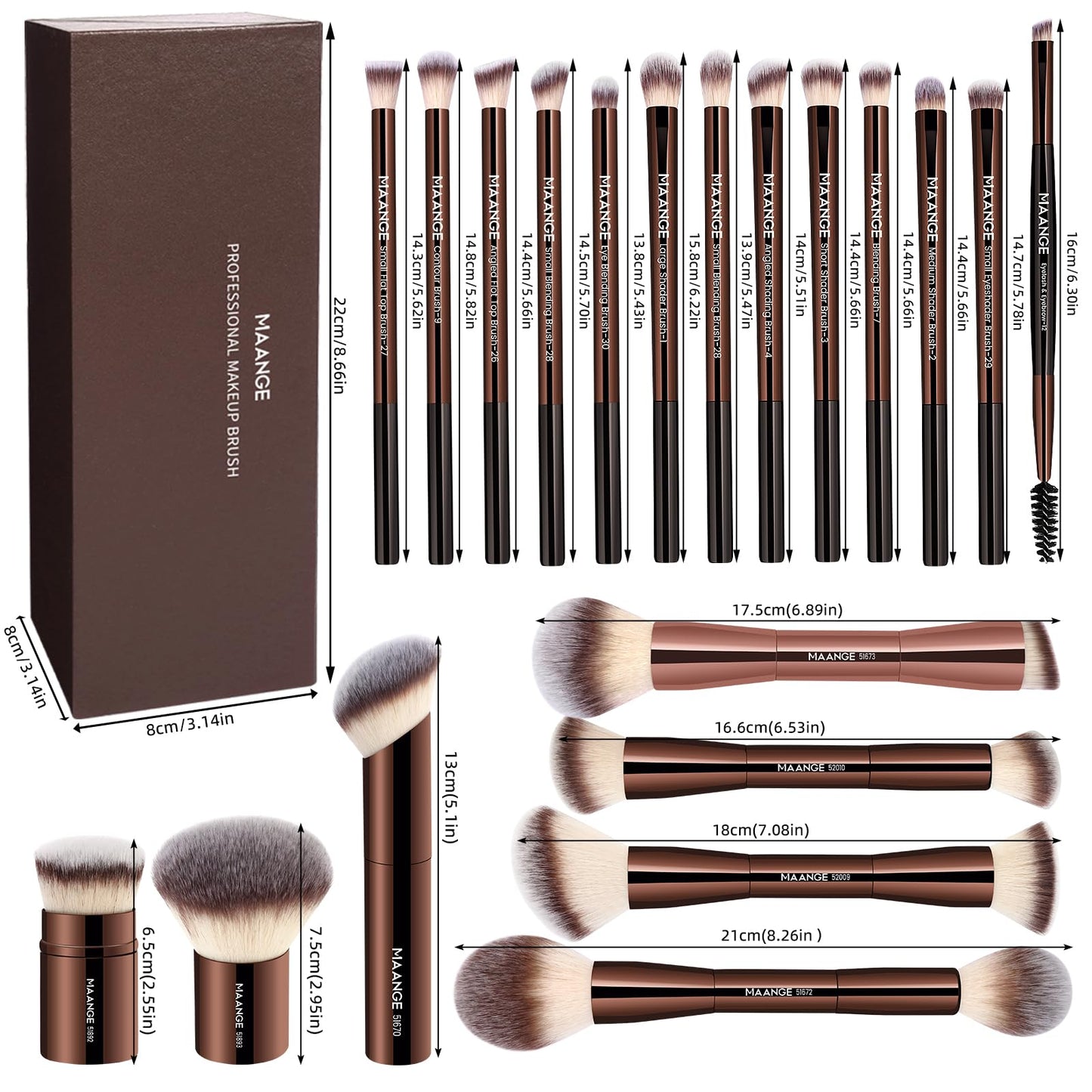 MAANGE 20 Pcs Makeup Brushes with Gift Box, Double-End Multi-functional Makeup Brushes for Blending Liquid Powder Concealer Cream Blush Buffe,CoffeeBrown