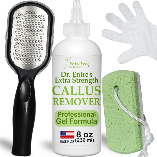 Dr. Entre's Callus Remover Gel Kit for Feet: Foot File, Pumice Stone, 5 Glove Pairs for Gel Application, Spa Kit, Foot Care, Pedicure Tools, Scrubber, 8oz