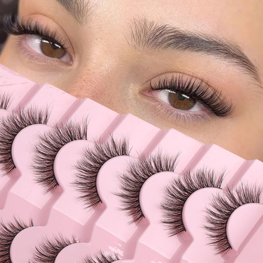 Onlyall Natural Lashes Wispy Lashes Natural Look False Eyelashes Natural Flared Eyelashes False Eye Lashes Soft Fluffy Lashes 7 Pairs D-K06, Black