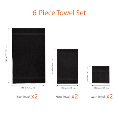 Amazon Basics 6 Piece Oversized Fade resistant Towel set, 100% Cotton towels for bathroom, soft and absorbent, 2 Bath Towels, 2 Hand Towels and 2 Washcloths bathroom towel set, Black