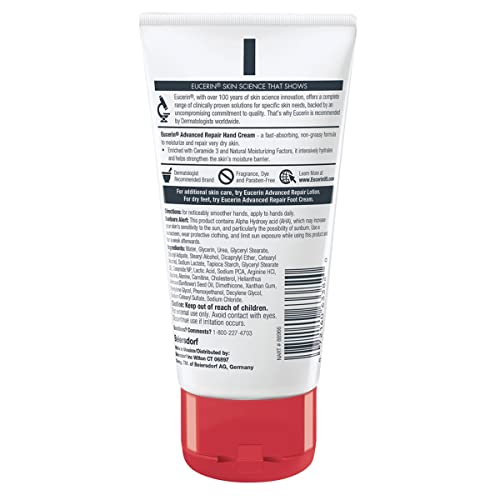 Eucerin Advanced Repair Hand Cream, Immediately Soothes and Repairs Very Dry Skin, Fragrance Free, Non Greasy, Fast Absorbing, Travel Size Hand Lotion, 2.7 Oz Tube, Pack of 3