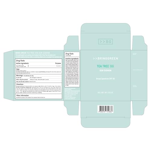 BRING GREEN Tea Tree CICA Facial Sun Cushion SPF 50+ PA++++ | Korean Mineral Sunscreen for Face | Non-Nano, Reef-Safe, Redness Correcting with Zinc Oxide | Travel Size Sun Protection