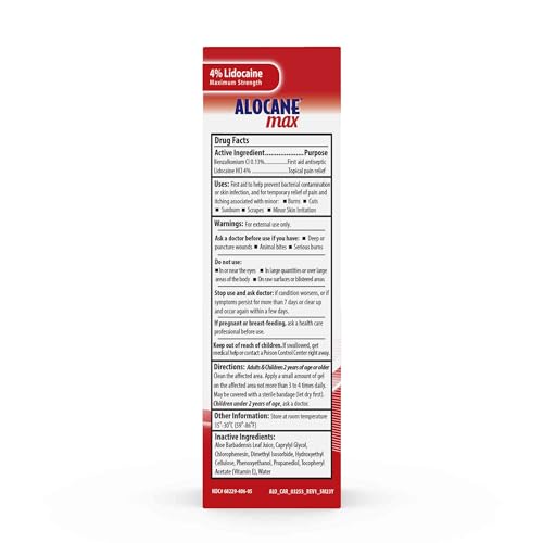 Alocane Max Emergency Burn Gel, 4% Lidocaine Hydrochloride, .13% Benzalkonium Chloride, Maximum Strength Relief, Itch Relief, For Sunburns, Kitchen, Radiation, Chemical, First-Degree Burns, 4 Fl Oz
