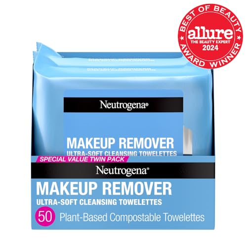 Neutrogena Makeup Remover Wipes Micellar Alcohol-Free Face Towelettes Remove Waterproof Mascara & Oil, Compostable 100% Plant-Based Cloth, Dermatologist & Ophthalmologist Tested, Twin Pack 2 x 25 ct