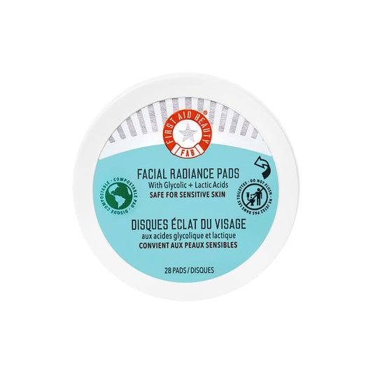First Aid Beauty - Facial Radiance Pads with Glycolic & Lactic Acids, Daily Exfoliating Pads with AHA, Visibly Smaller Pores, Help Tone & Brighten Skin, One-Step Makeup Prep, Compostable, 28