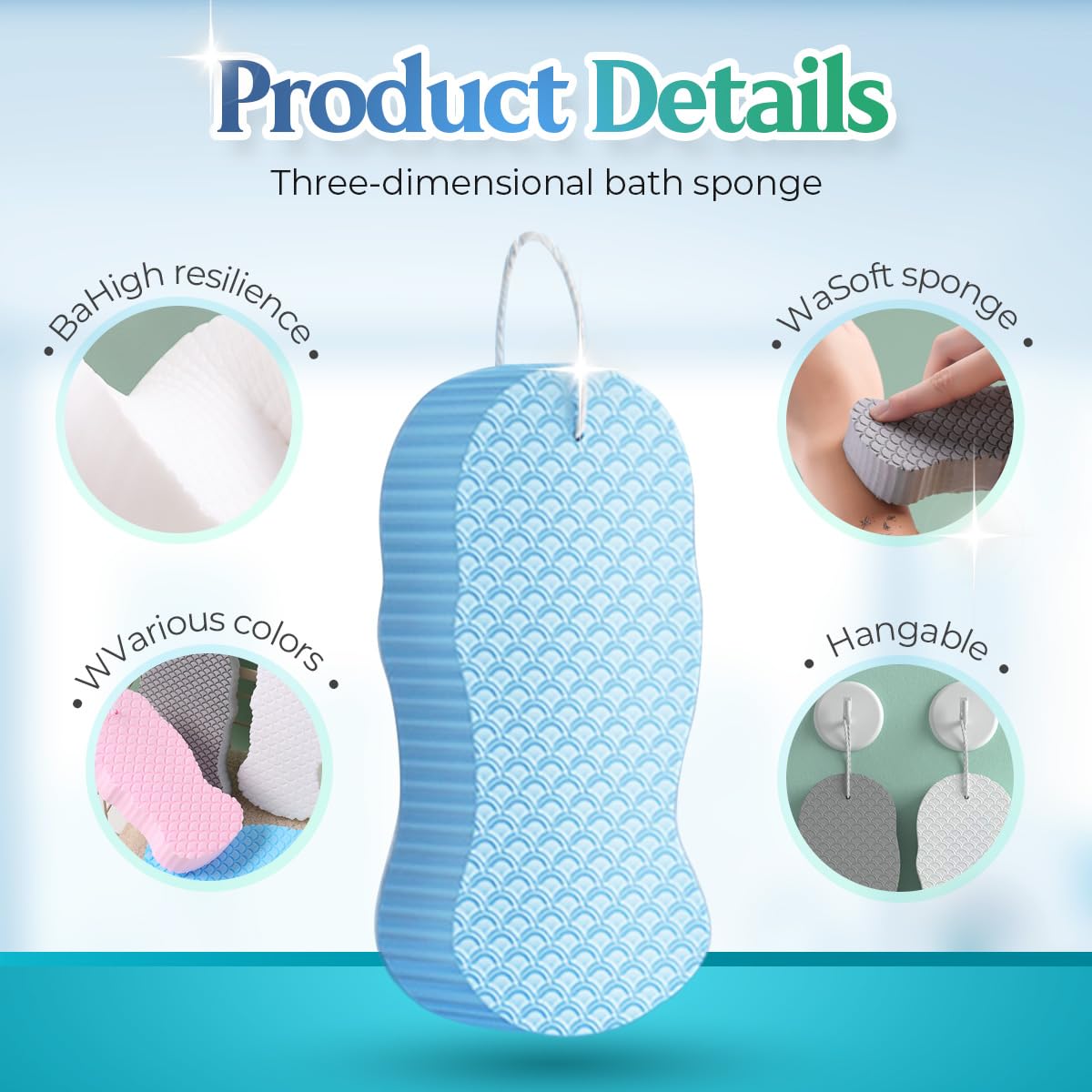 Magic Exfoliating Bath Sponge, 3D Super Soft Exfoliating Body Bath Sponge for Adults and Children, Women and Men, Skin Friendly and Reusable Bath Cleaning Brush for Home, Travel, Cruise (Blue+Pink)