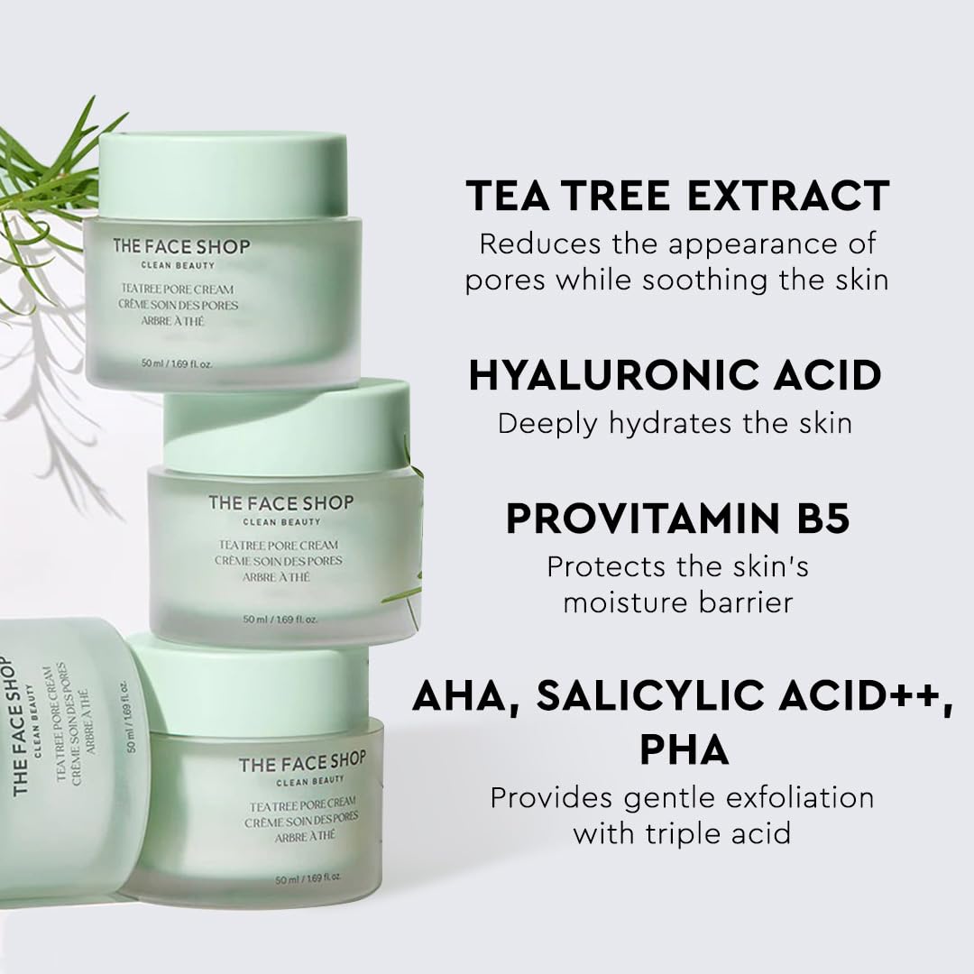 The Face Shop Tea Tree Pore Cream - Pore Minimizer, Hydrating, Soothing Face Moisturizer - AHA, BHA, PHA - Protects Skin Barrier - Hyaluronic Acid, Panthenol, Cica, Vitamin B5 - Korean Skin Care