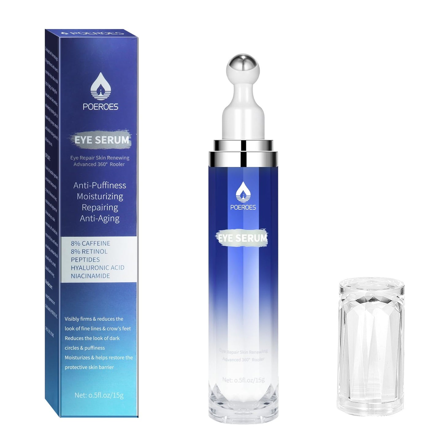 Eye Serum with 8% Caffeine 8% Retinol Hyaluronic Acid Niacinamide peptides for Puffy Bags Fine Lines Dark Circles Wrinkles, Under Eye Cream with 360° Roller Massage Ball, 0.5 fl. oz