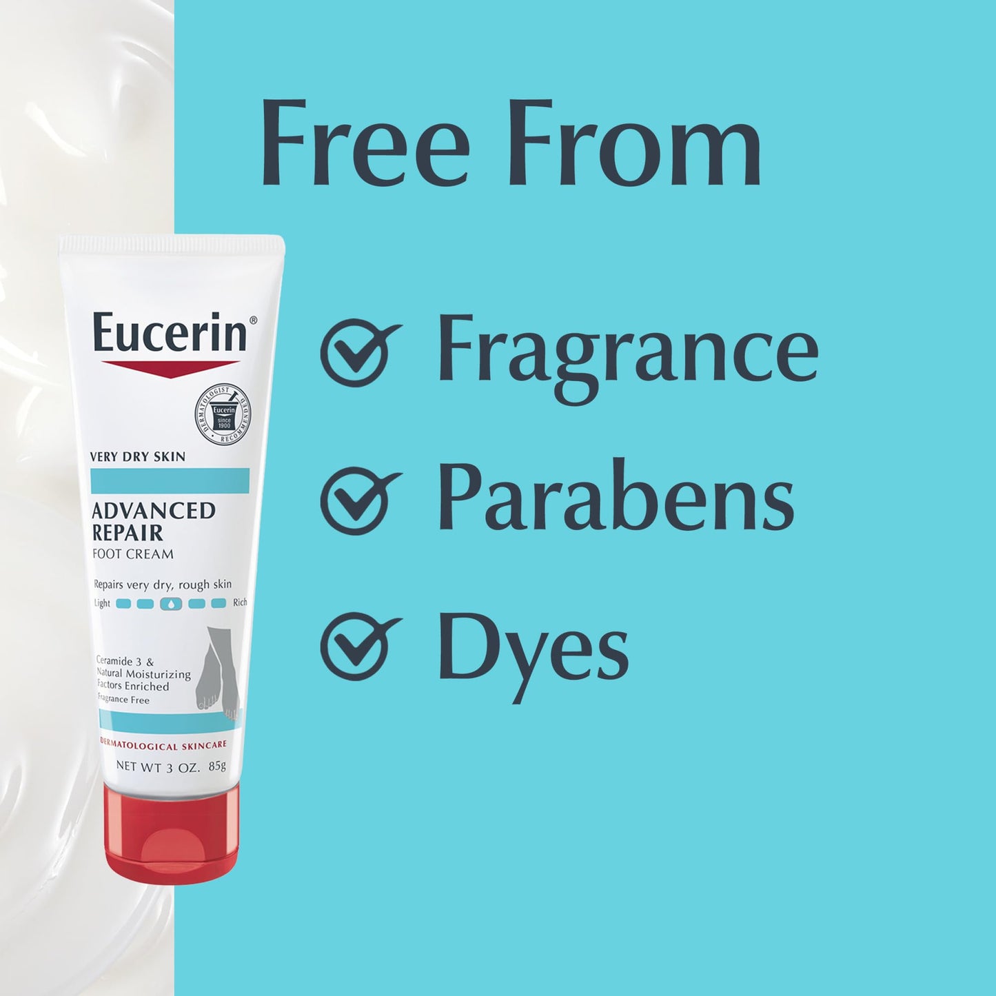 Eucerin Advanced Repair Foot Cream for Dry Feet and Heels, Repairs Very Dry, Rough Skin, Fragrance Free, Non Greasy, Fast Absorbing, Travel Size Lotion, 3 Oz Tube, Pack of 3