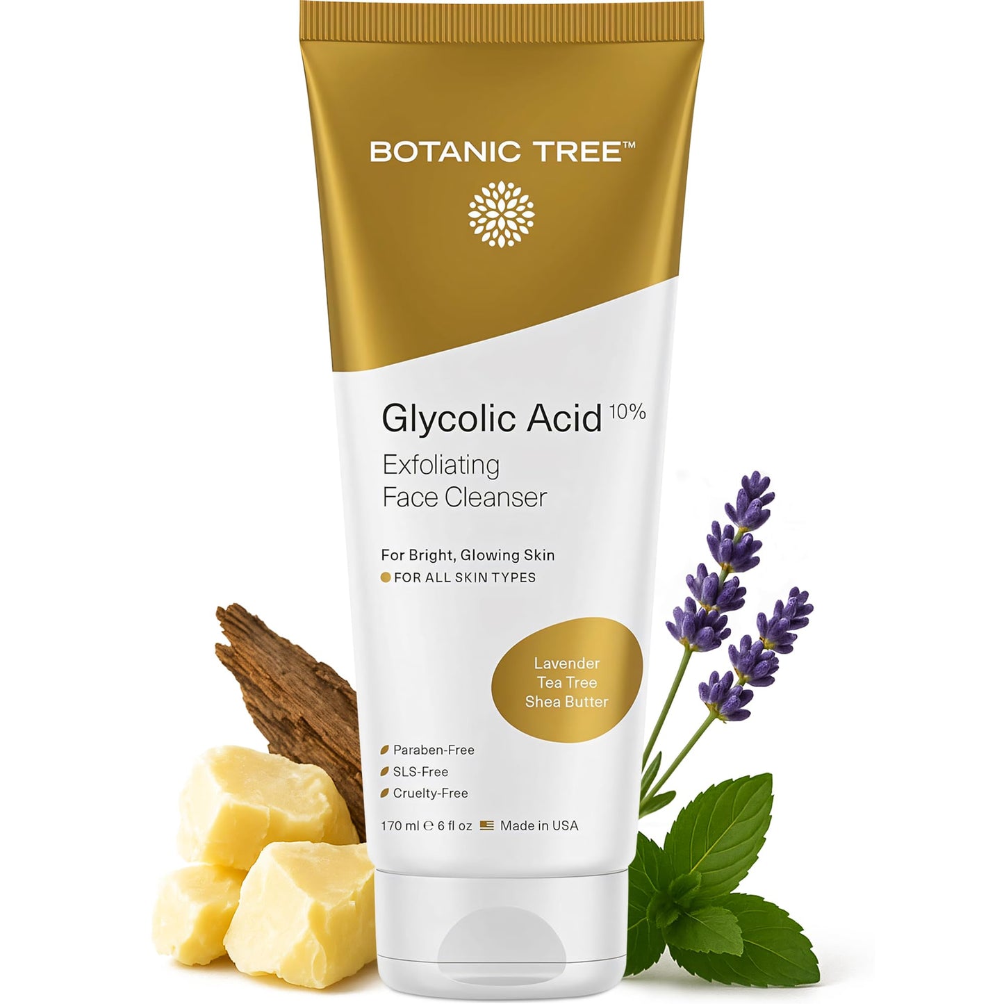 Botanic Tree Glycolic Acid Face Wash - Facial Cleanser and Scrub - 10% Glycolic Acid, AHA - Salicylic Cleanser - 6 fl. oz
