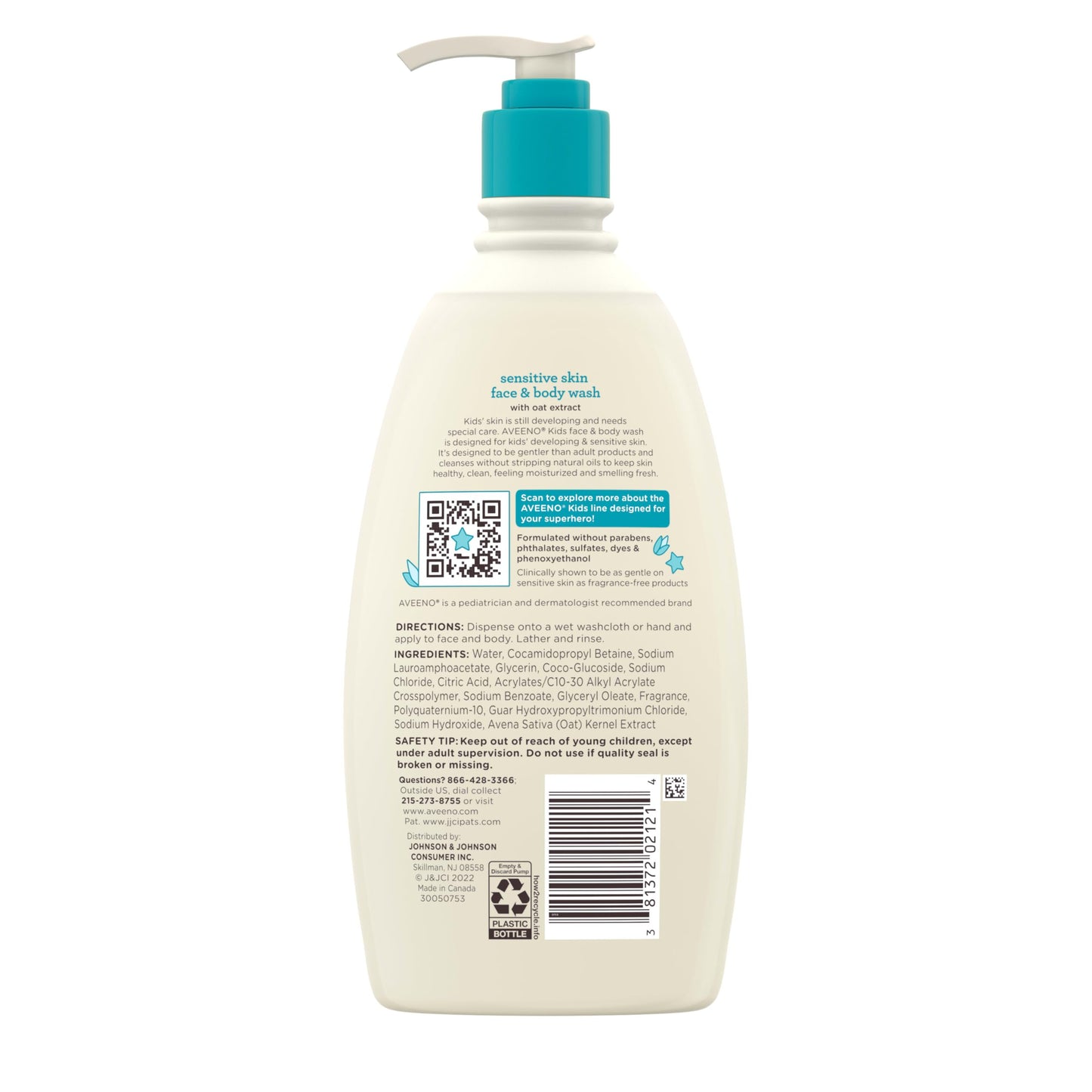 Aveeno Kids Face & Body Wash for Sensitive Skin, Oat Extract, Tear-Free, Non-Drying, Light Scent, Pump Dispenser, Hypoallergenic, Phthalate, Sulfate & Dye Free, 18 fl oz
