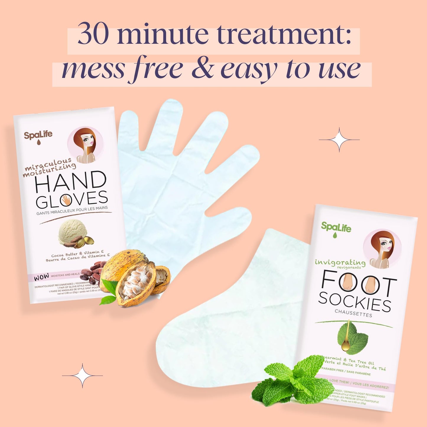 SpaLife Moisturizing Hand Gloves and Foot Sockies Bundle - 4 Hand Gloves & 4 Foot Sockies Set for Hydrating Dry, Cracked Hands and Feet - Repairing Skincare Mini Gift Set