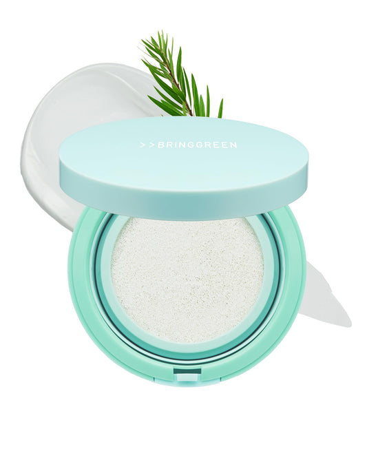 BRING GREEN Tea Tree CICA Facial Sun Cushion SPF 50+ PA++++ | Korean Mineral Sunscreen for Face | Non-Nano, Reef-Safe, Redness Correcting with Zinc Oxide | Travel Size Sun Protection