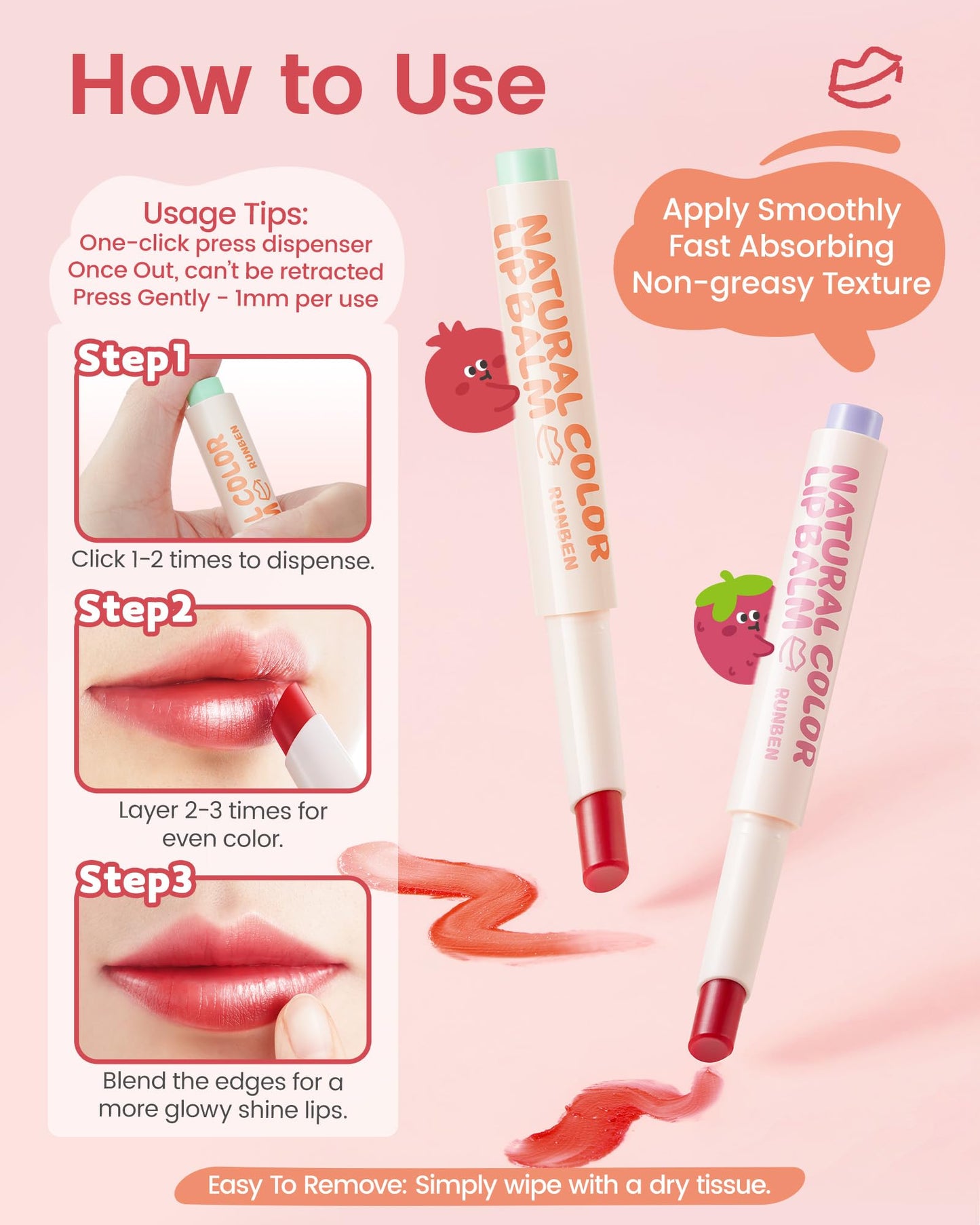 RUNBEN Kids Tinted Lip Balm, Pomegranate Flavored Lip Balm, Moisturizing & Hydrating, Safe & Non-toxic Lip Gloss for Kids, Makeup Gift for Little Girls, 2g