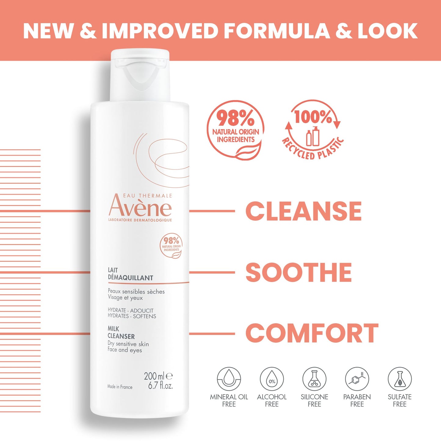 Avène Gentle Milk Cleanser - Moisturizing, No-Rinse, Soap-Free Cleansing Lotion for Dry, Sensitive Skin - 6.7 Fl Oz