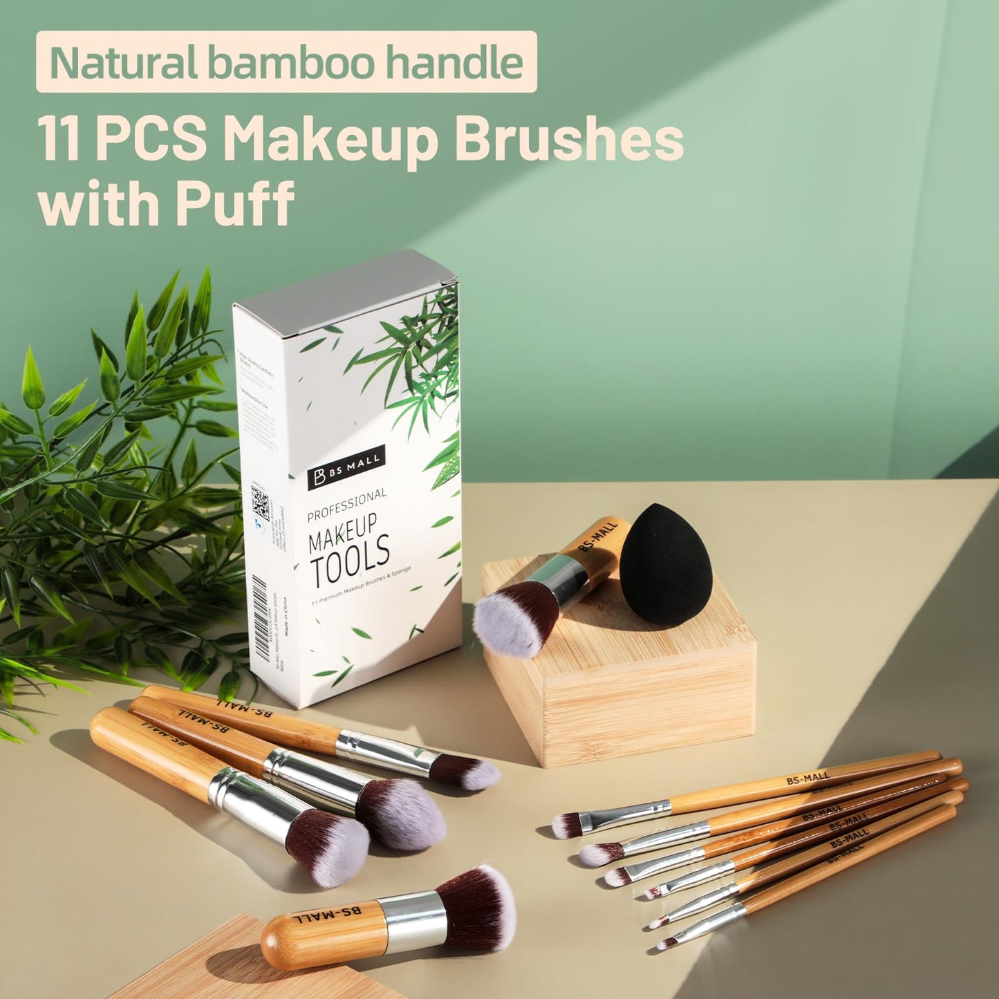 BS-MALL Makeup Brush Set 11Pcs Bamboo Synthetic Kabuki Brush Set Foundation Powder Blending Concealer Eye shadows Blush Cosmetics Brushes with Organizer Bag & Makeup Sponge (style, Count, 12)