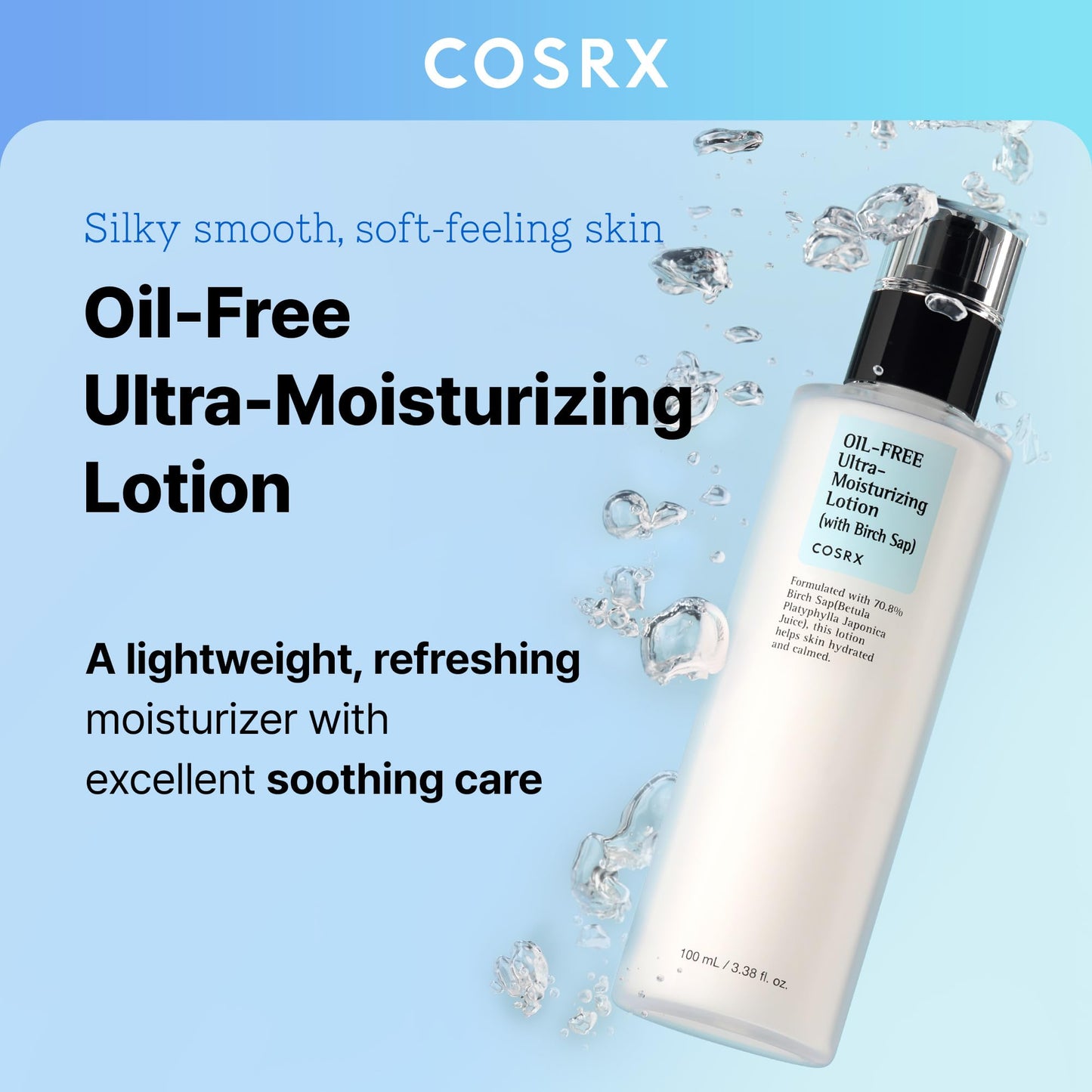 COSRX Oil Free Lotion with Birch Sap, Daily Acne Facial Moisturizer, Hydrating Moisturizer for All Skin Types, Korean Skin Care, Paraben free, 3.38 fl.oz / 100ml