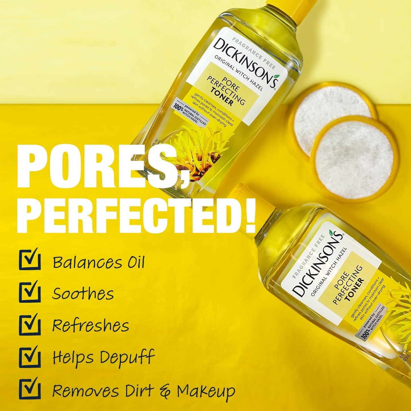 Dickinson's Original Witch Hazel Pore Perfecting Toner | 100% Natural Distilled Witch Hazel | America's #1 Toner | Refines Pores | Removes Impurities & Oil | 16 Fl Oz
