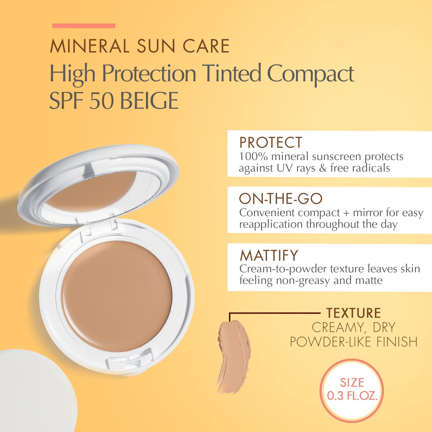 Avène High Protection Beige Tinted Compact, Broad Spectrum SPF 50+, UVA/UVB Blue Light Protection, Tinted sunscreen, 100% Mineral, Water Resistant, Non-Greasy, Fragrance-Free 0.35 Oz