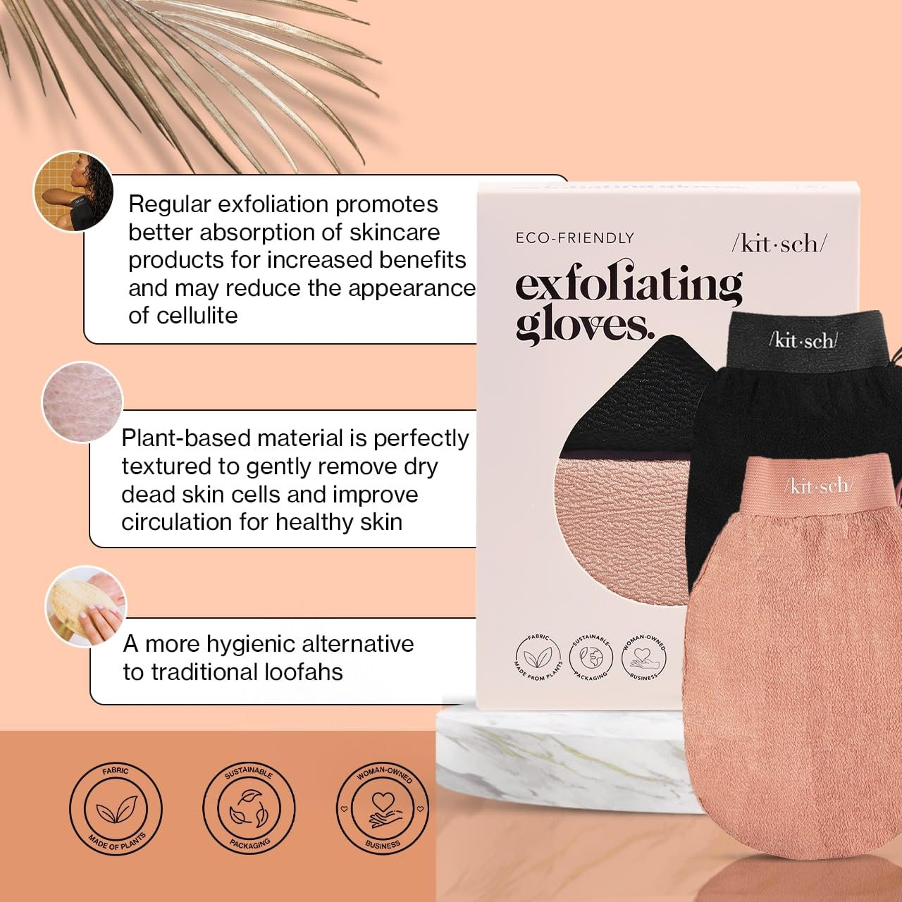 Kitsch Exfoliating Gloves 2pc – Korean Exfoliating Mitt & Deep Exfoliating Body Scrubber for Shower, Bath | Body Exfoliator, Dead Skin Remover | Skin Care for Smooth, Renewed Skin - Black & Terracotta