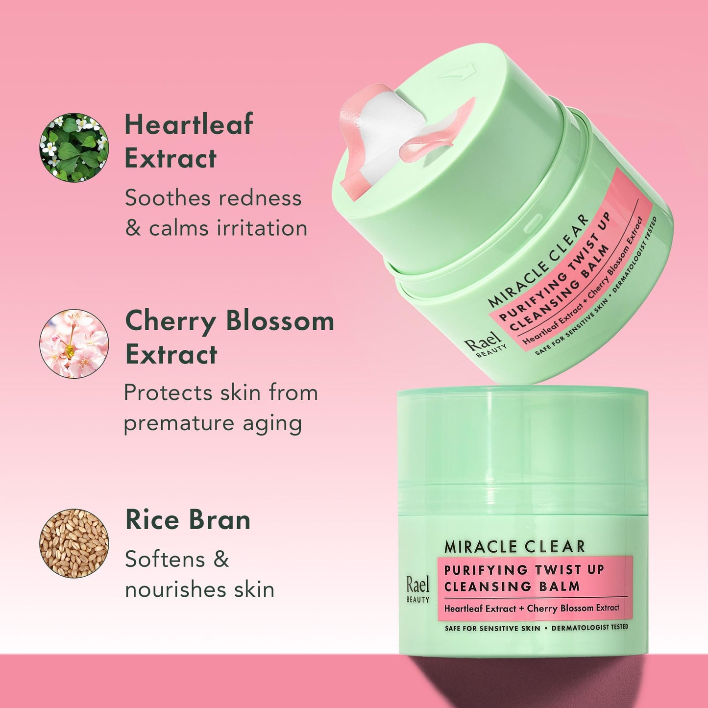 Rael Miracle Clear Cleansing Balm – Makeup Remover, Twist-Up Face Cleanser, Double Cleanse, Non-Comedogenic, with Rice Bran & Jojoba Oils, Vegan, Korean Skin Care, All Skin Types (1.69 fl oz)