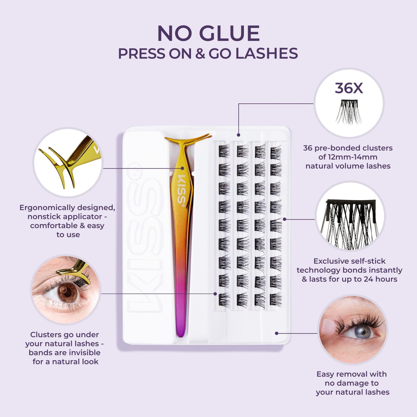 KISS imPRESS Falsies Press On Self Adhesive Eyelashes, 12mm-14mm Natural Volume Press On Lashes, Black, No Glue Needed, Invisible Band, 20 Lash Clusters & Non-Stick Applicator - Natural