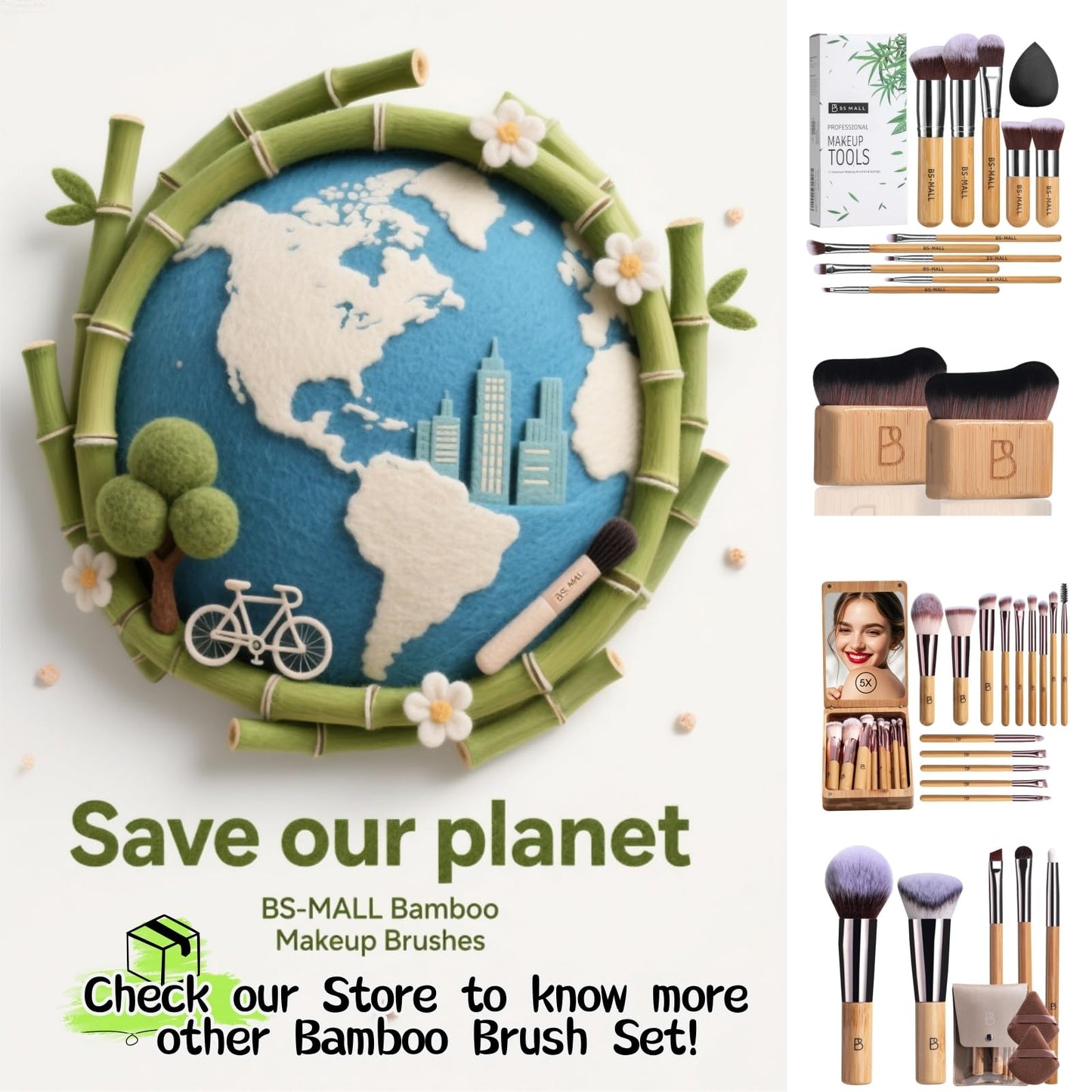 BS-MALL Makeup Brush Set 11Pcs Bamboo Synthetic Kabuki Brush Set Foundation Powder Blending Concealer Eye shadows Blush Cosmetics Brushes with Organizer Bag & Makeup Sponge (style, Count, 12)
